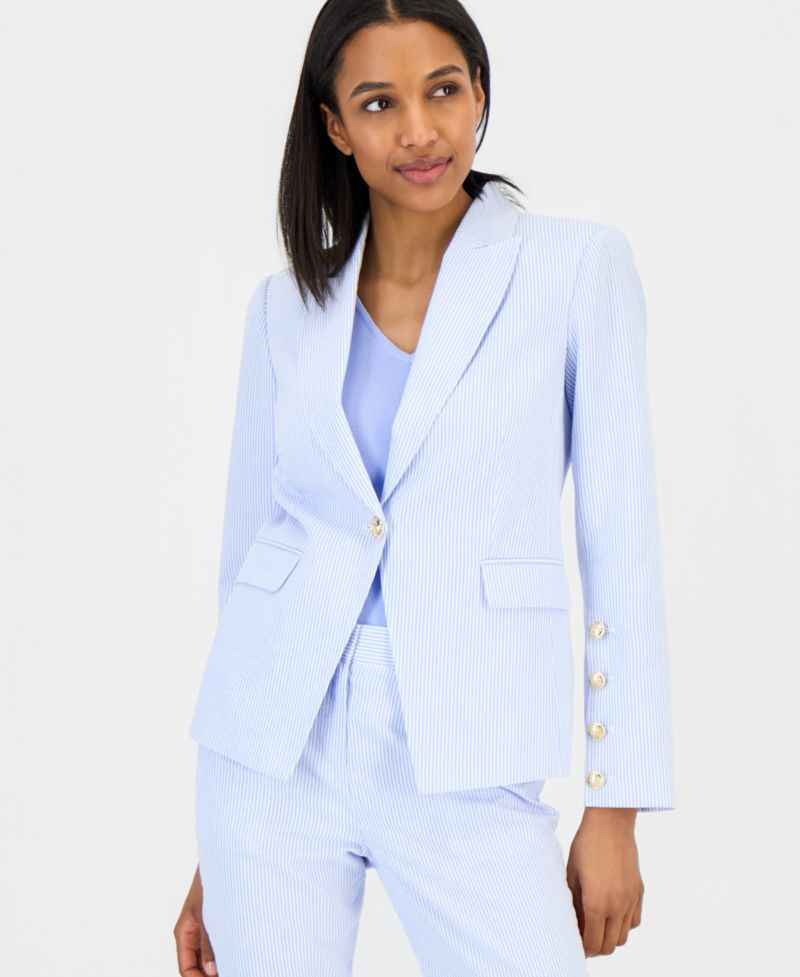 Petite Peak Lapel Collar One-Button Seersucker Blazer