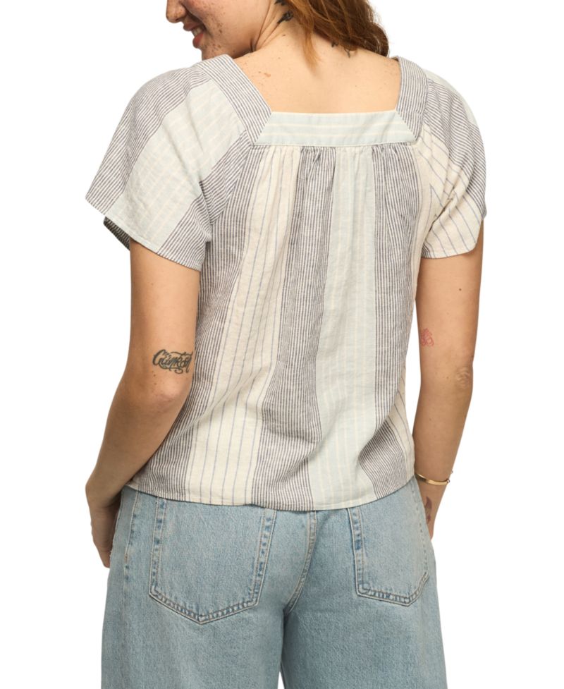 Women's Striped Square Neck Embroidered Top