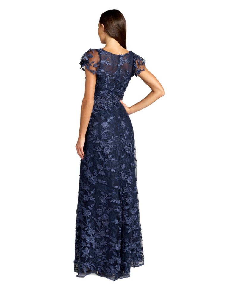 Petite Embroidered Applique V-Neck Flutter-Sleeve Gown