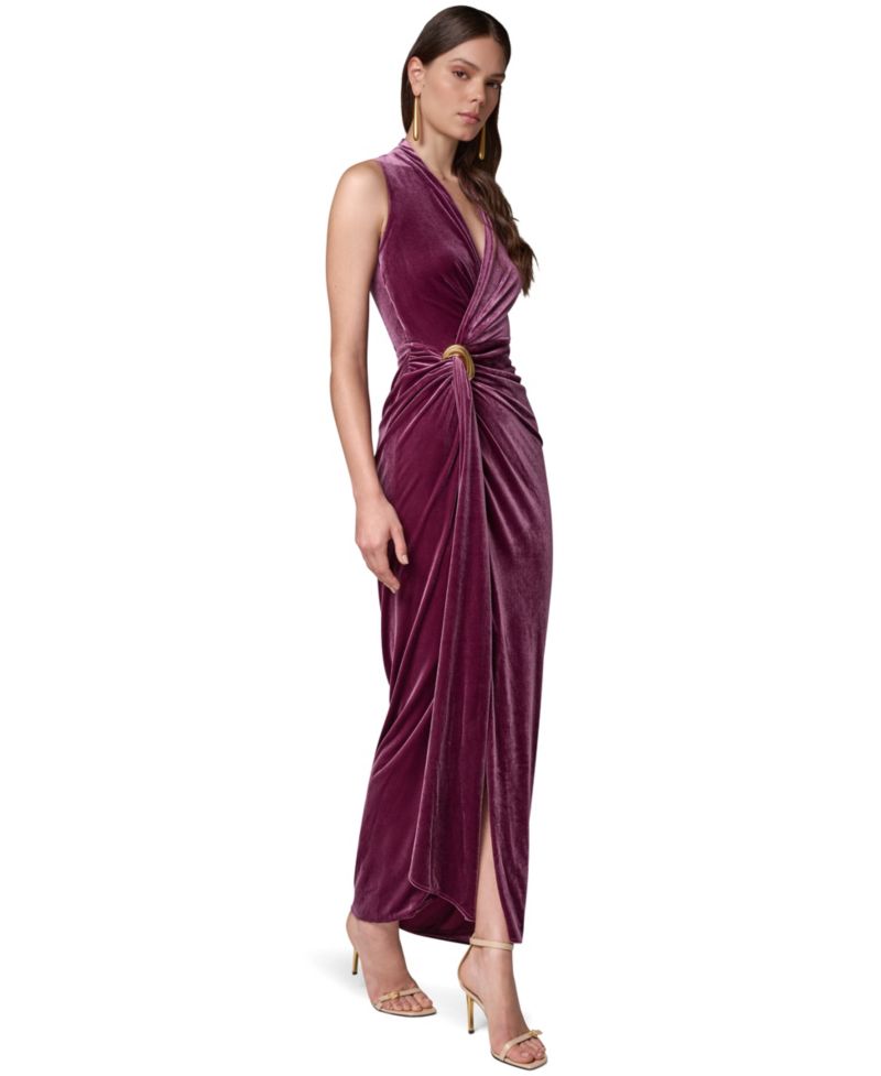 Women's Sleeveless Velvet Faux-Wrap Maxi Dress