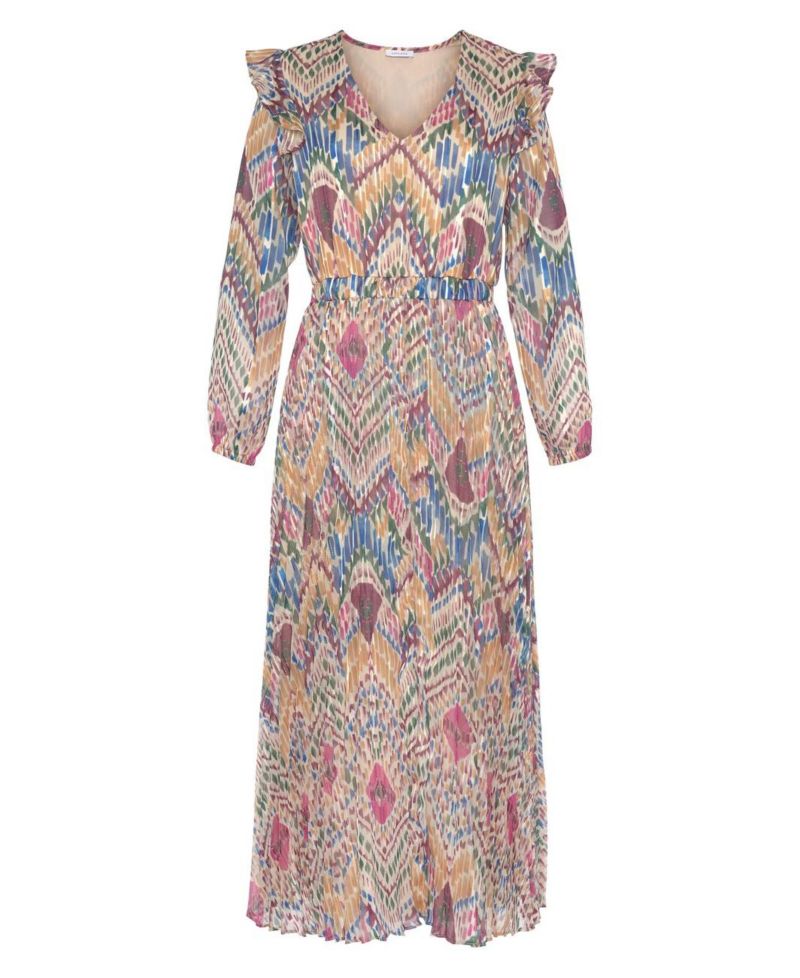 Women's Printed Pleated Ruffle-Trim V-Neck Smocked-Waist Maxi Dress