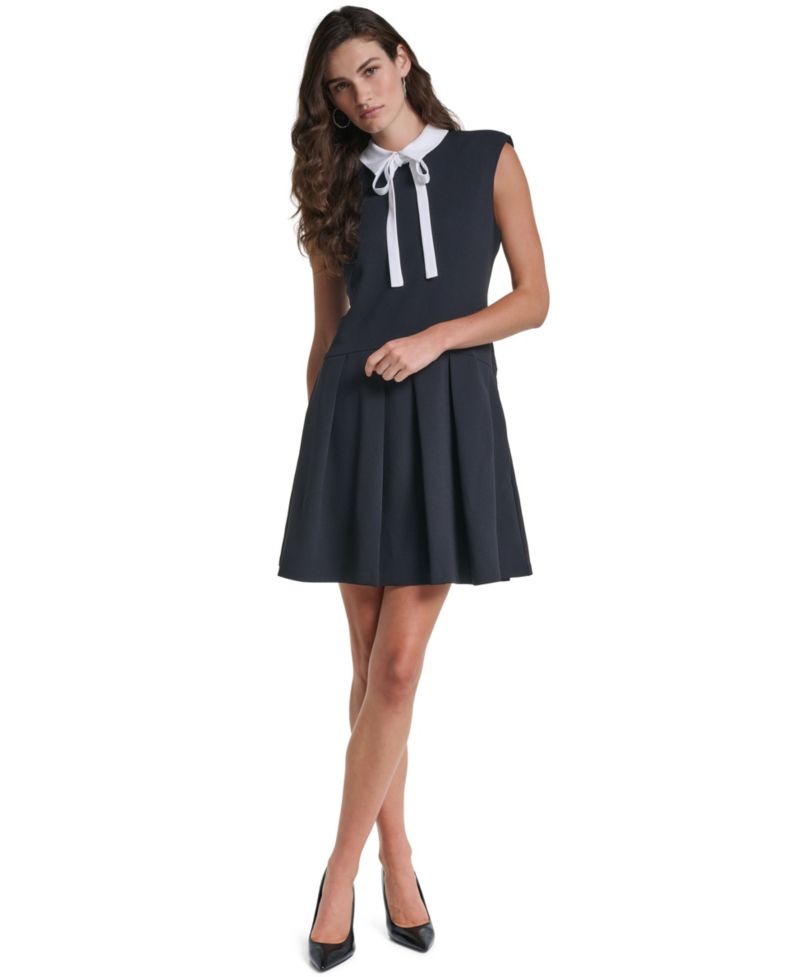 Women's Scuba Crepe A-Line Pleated Collared Dress