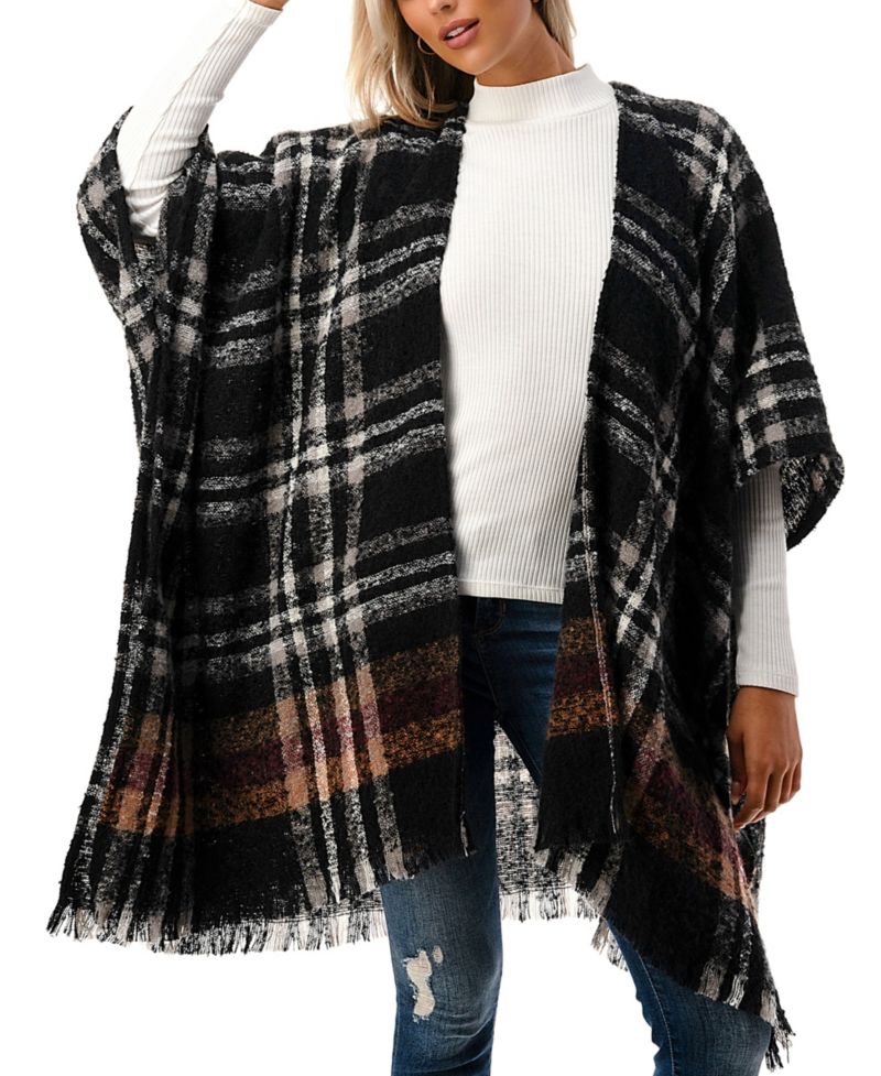 Women's Open-Front Plaid Fringe-Trim Kimono