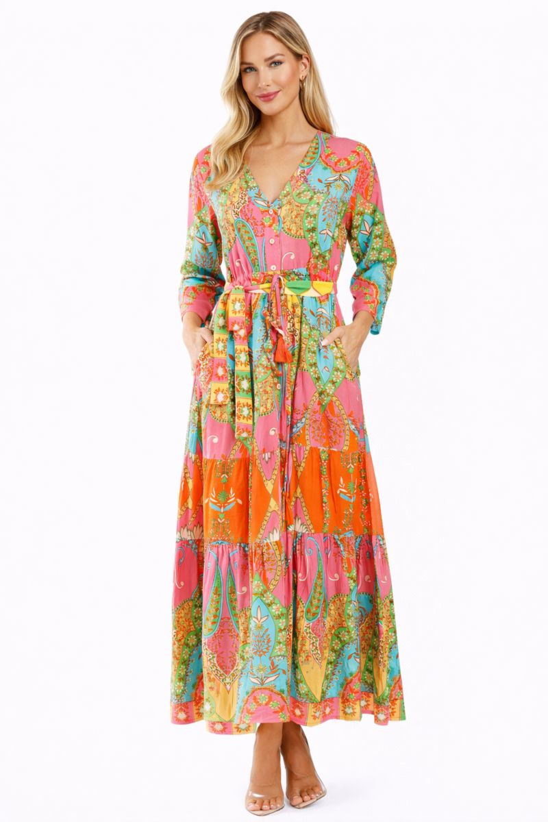 Women's Club Moda Tropical Paisley Maxi Resort Dress - Button Front V-Neck Vacation Dress with Waist Tie