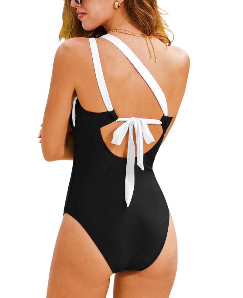 Women's One Shoulder Back Tie Classic Coverage One-Piece Swimsuit