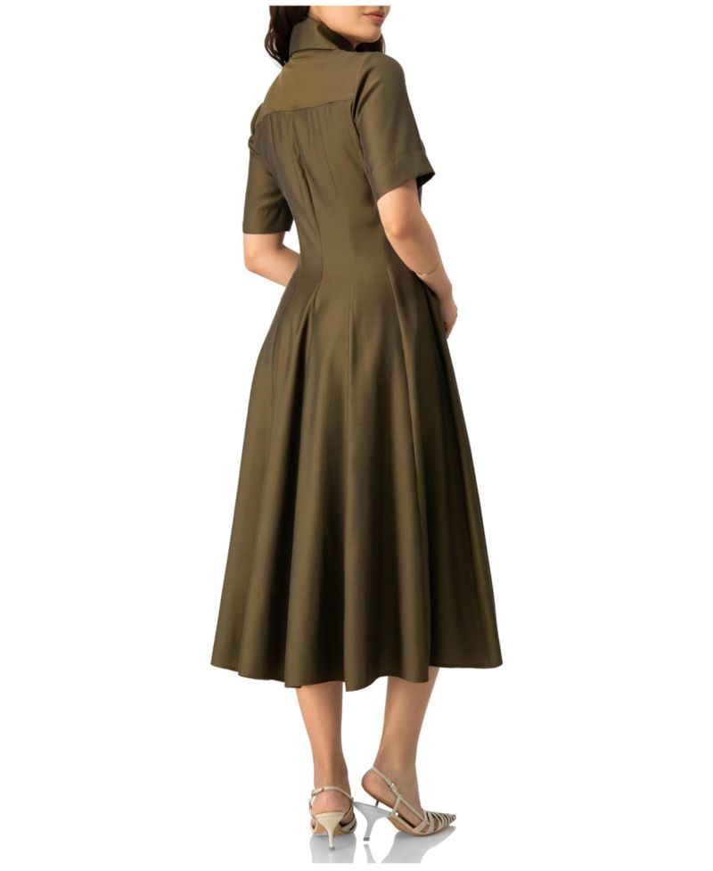 Women's Short Sleeve Midi Dress with Button-Front Fit-and-Flare Shirtdres