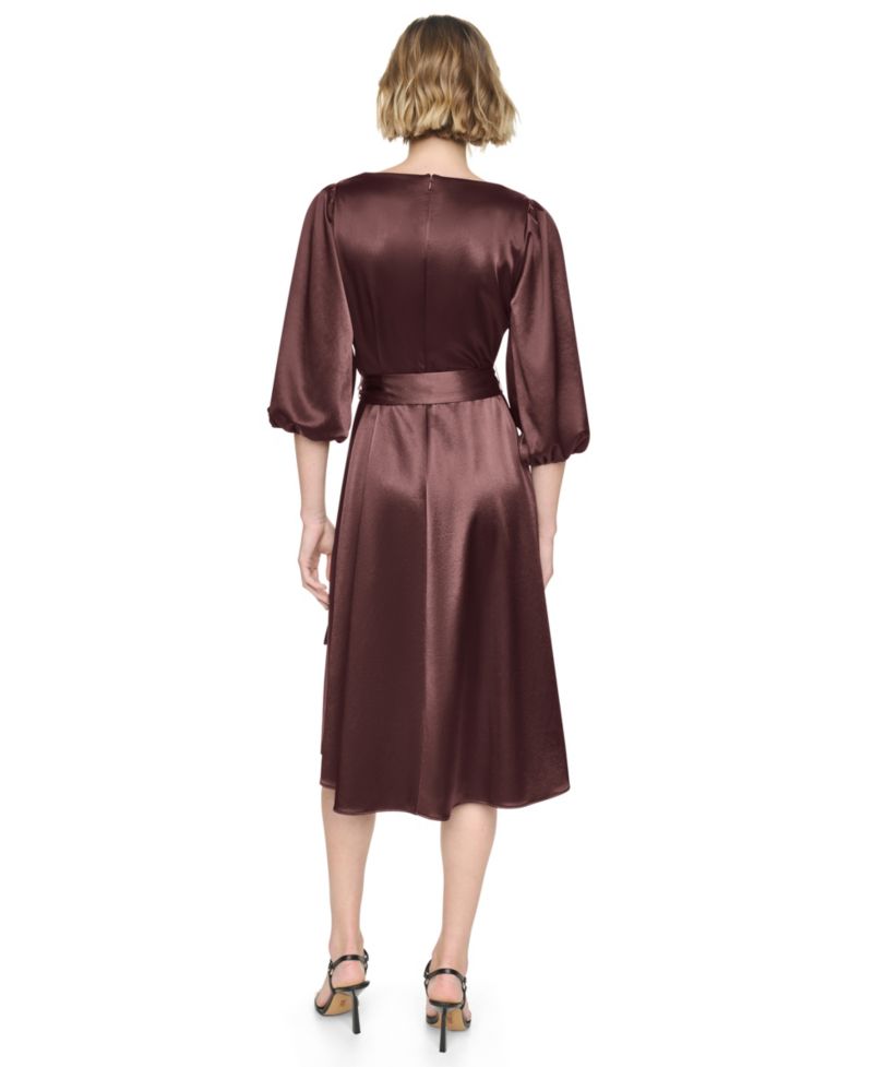 Women's Balloon-Sleeve Satin Faux-Wrap Dress