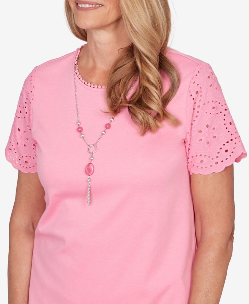 Petite Classic Solid Eyelet Sleeve Top with Necklace