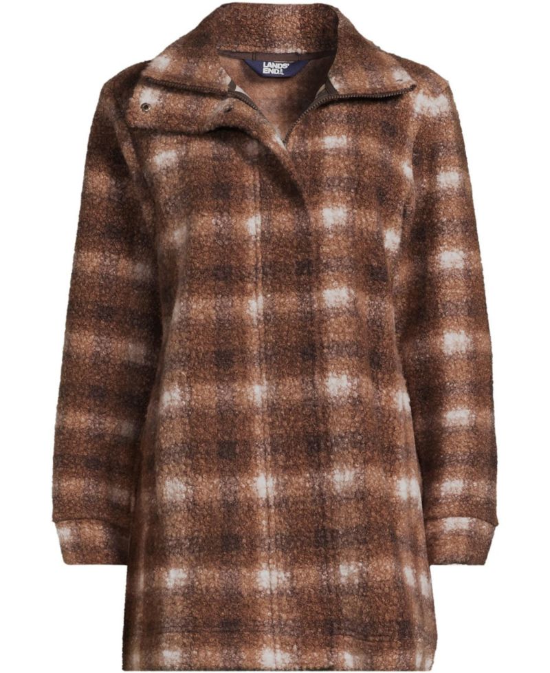 Women's Plaid-Boucle Mid-Length Fleece Coat