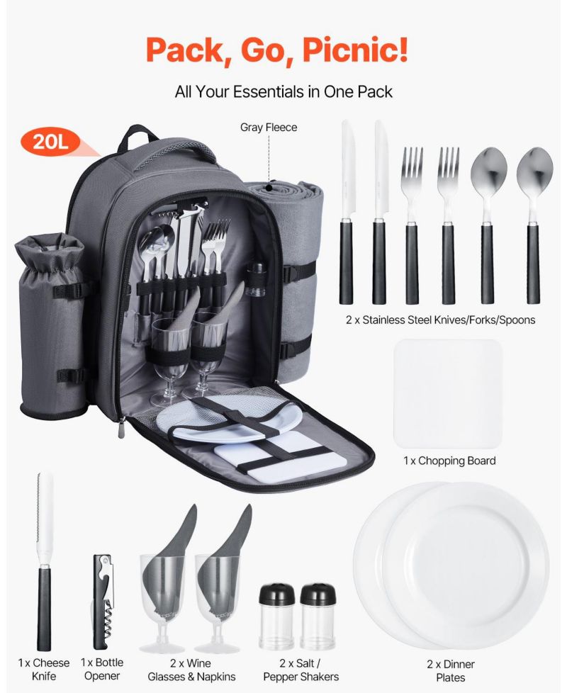 2-Person Picnic Backpack with Insulated Cooler, Blanket and Tableware Set