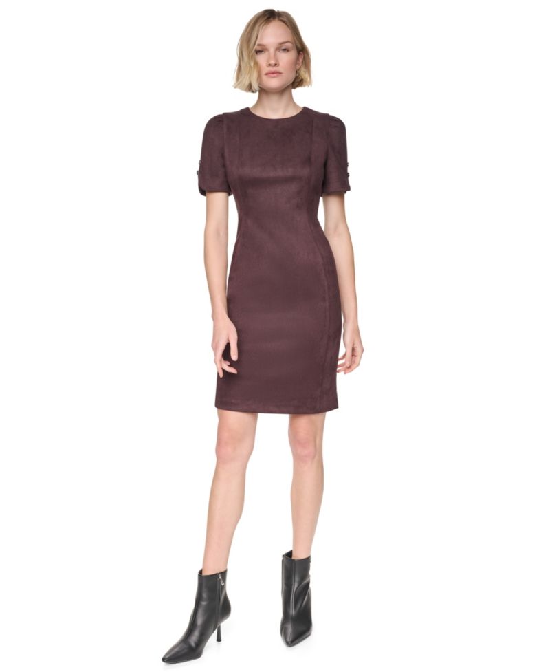 Women's Short-Sleeve Faux Suede Sheath Dress