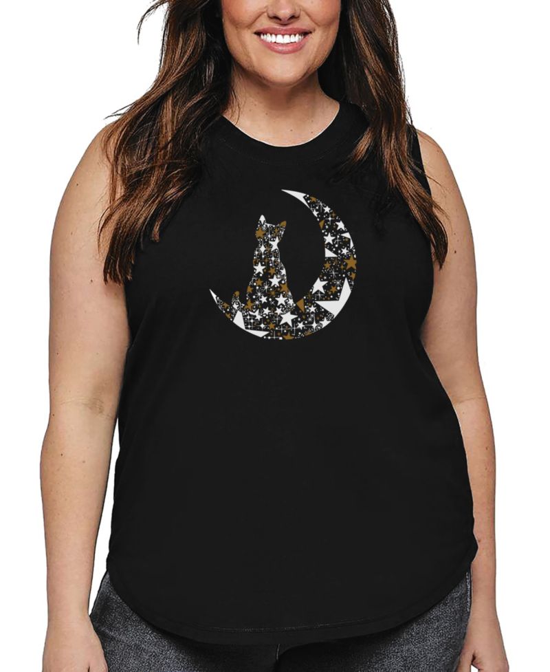 Plus Size Cat Sitting on Moon Word Art Tank Top