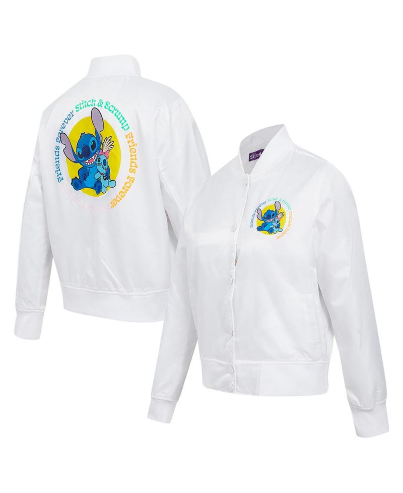Women's White Lilo and Stitch Scrump Stitch Full-Snap Satin Jacket