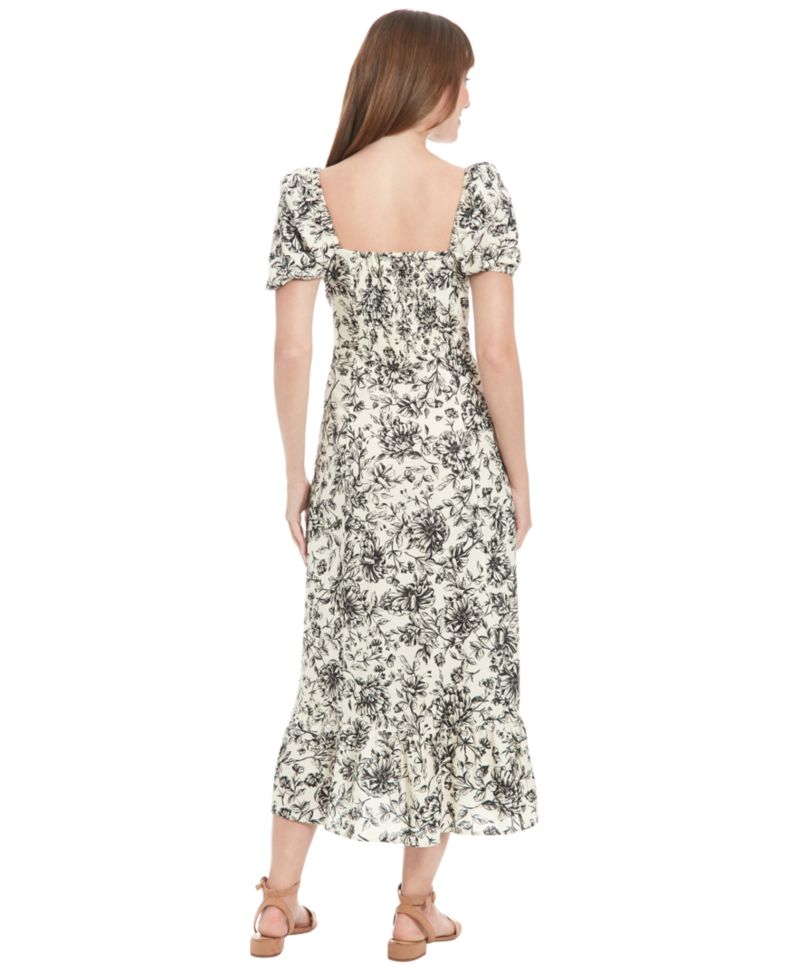 Petite Floral-Print Puff-Sleeve Midi Dress