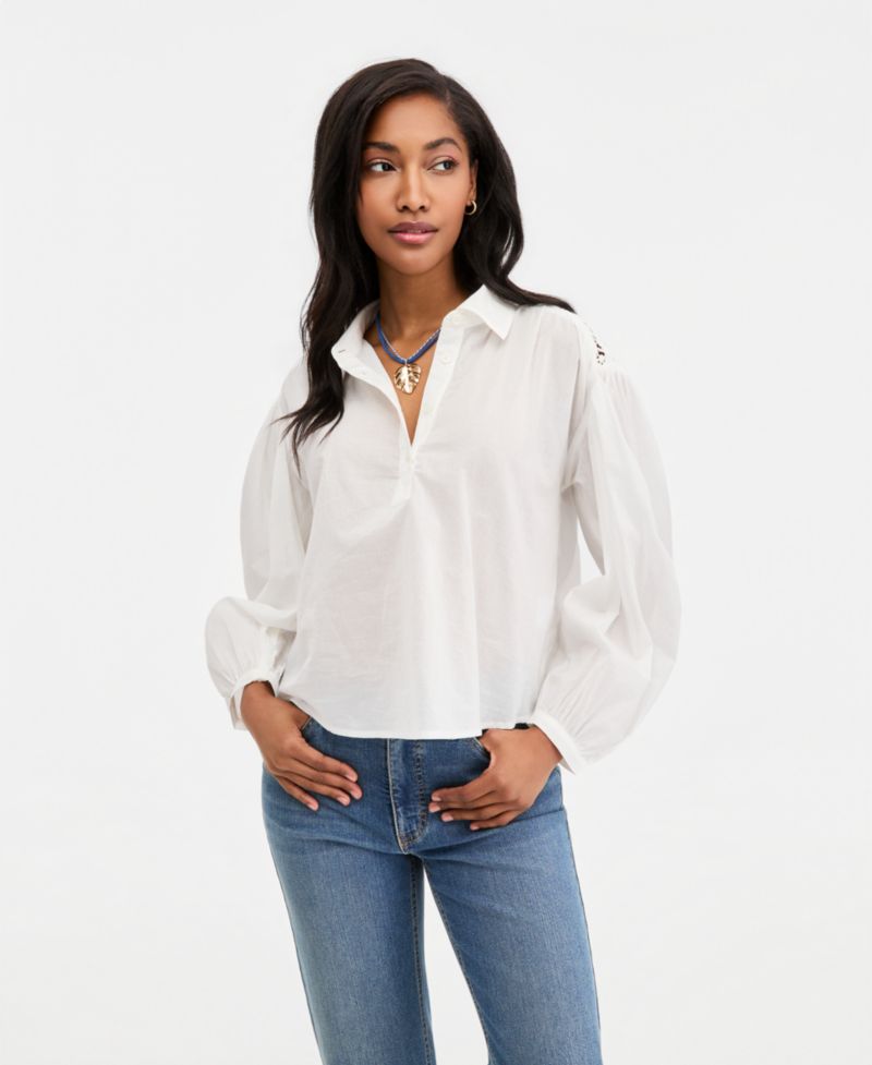 Women's Cotton Crochet Yoke Popover Top