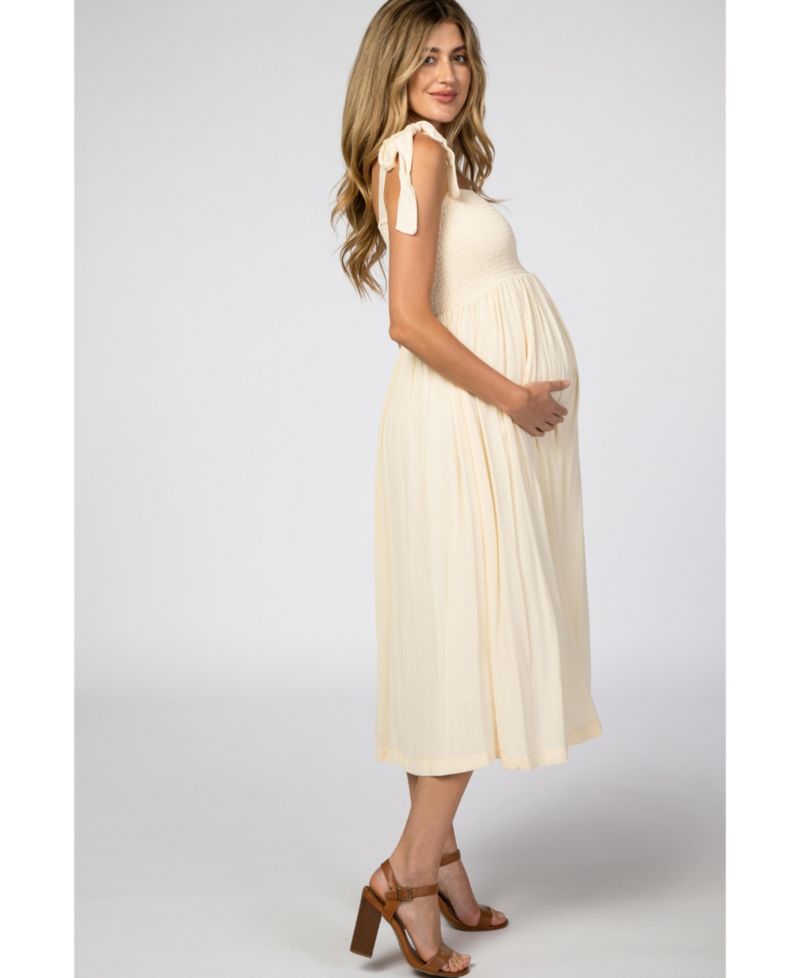 Women's Navy Blue Smocked Tie Strap Midi Dress