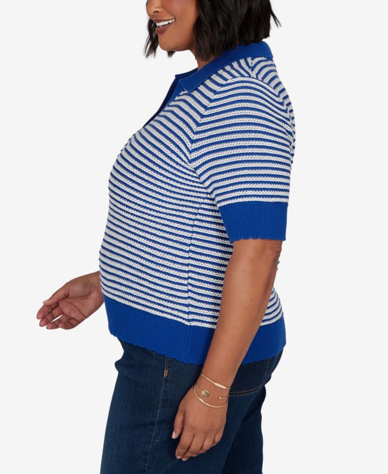 Plus Size Two-Tone Collared Elbow-Sleeve Sweater