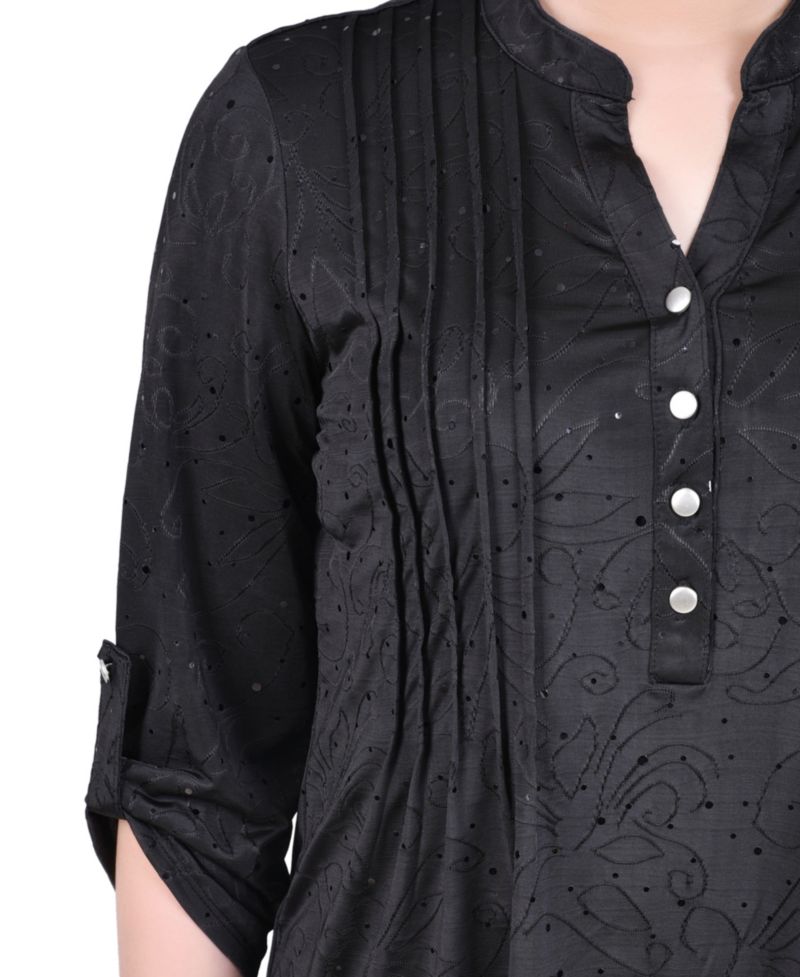 Petite 3/4 Sleeve Roll Tab Y Neck Top