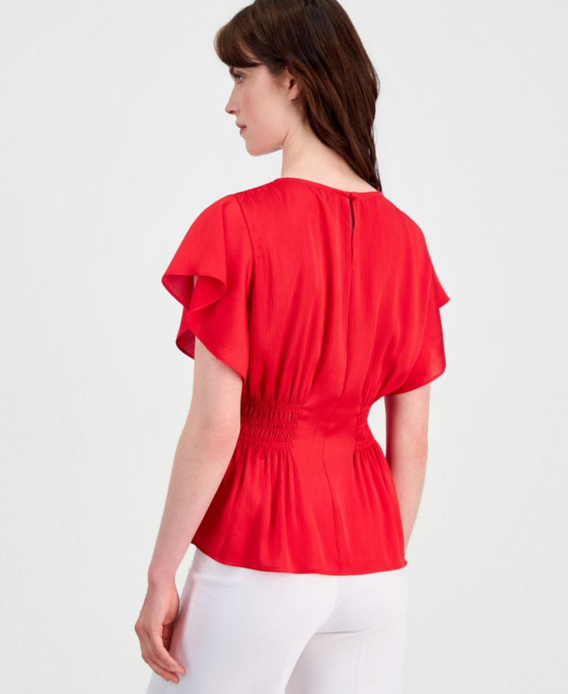Petite Smocked Flutter-Sleeve Smocked-Waist Top
