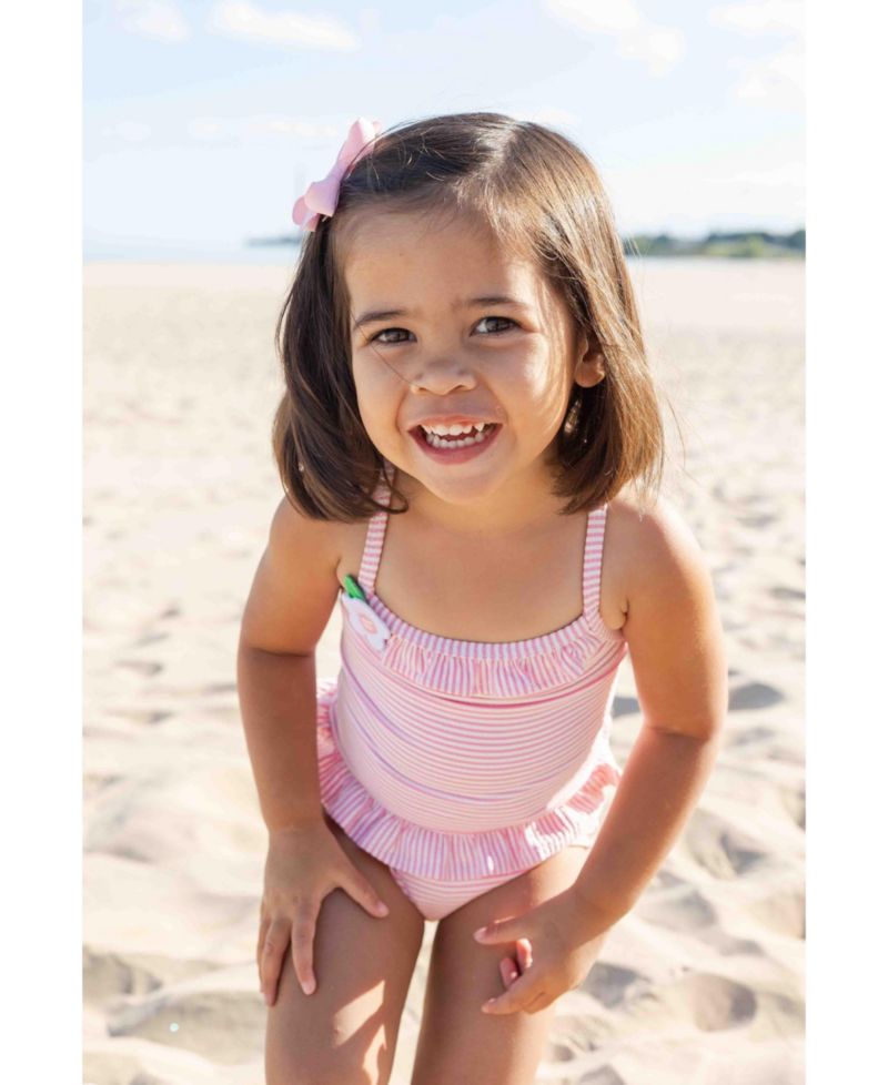 Little Girls Stripe Seersucker Swimsuit with Flower