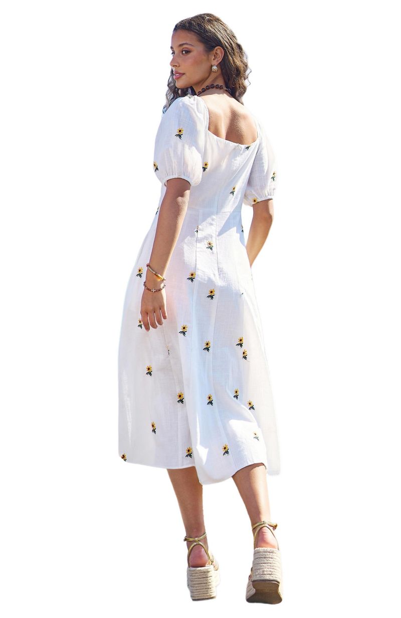 Women's Cotton Sunflower Embroidered Midi Dress
