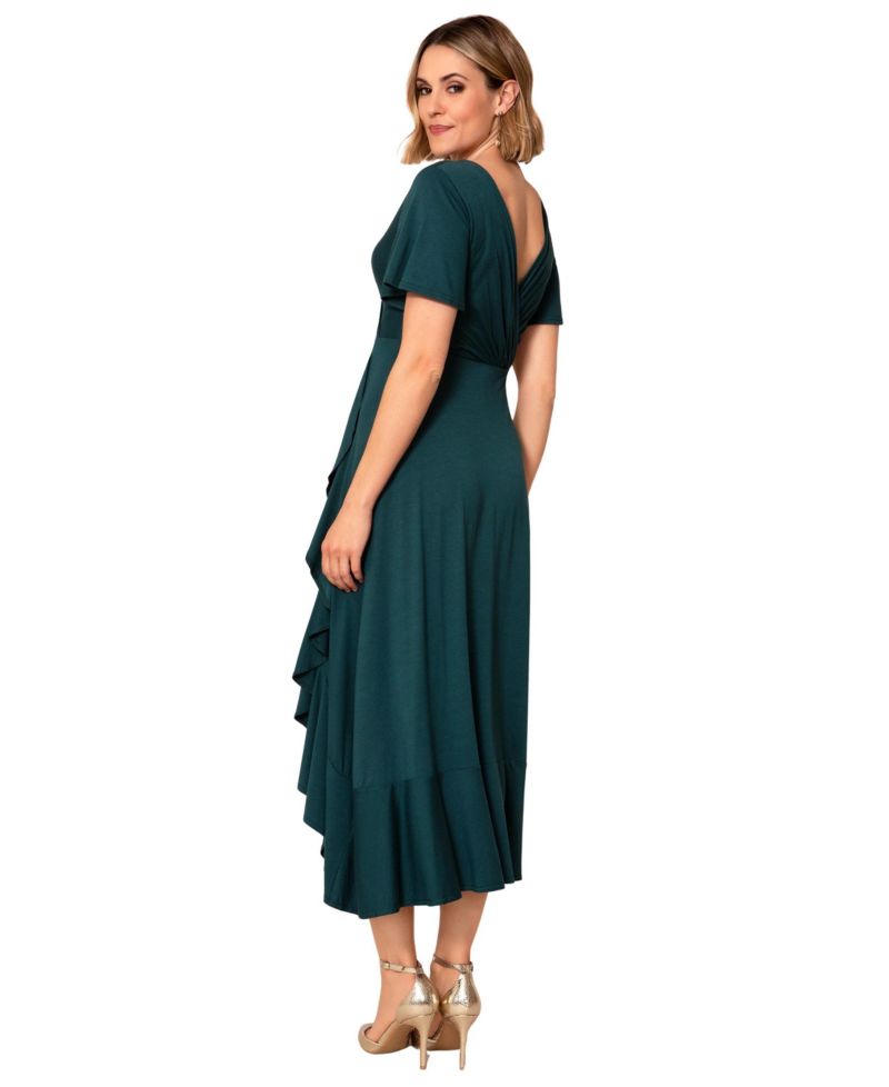 Petite Waterfall Ruffle Wrap V-Neck Short-Sleeve Midi Dress