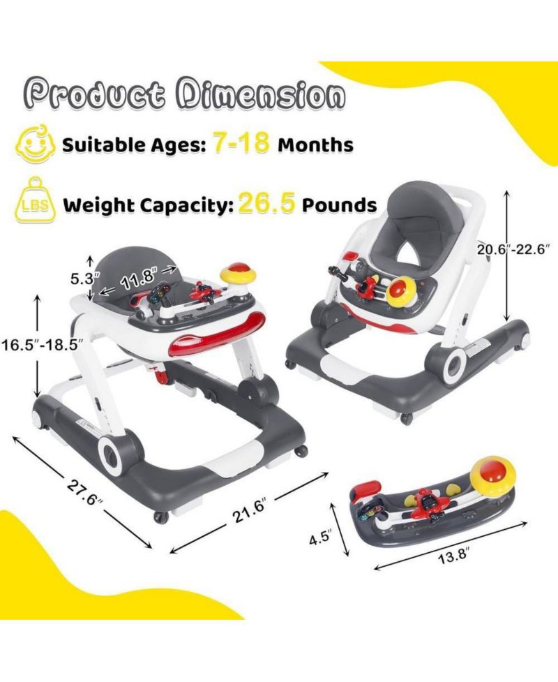 5-in-1 Baby Activity Walker with Music and Lights, Adjustable Height and Safety Bumper