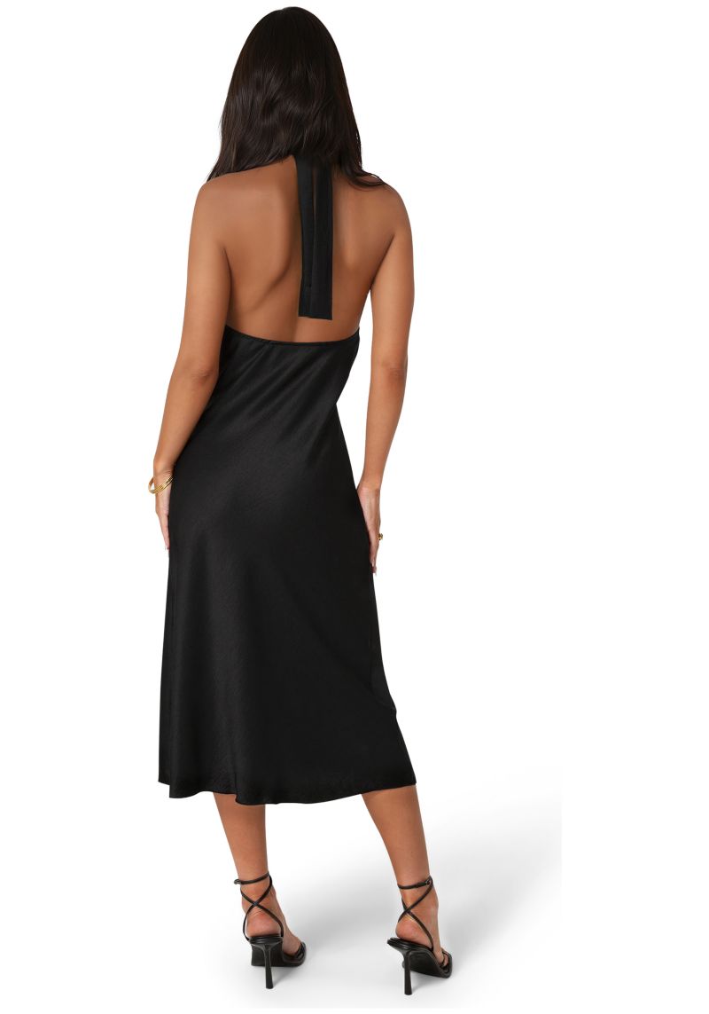 Women's Satin Halter Front Cowl Neck Midi Dress