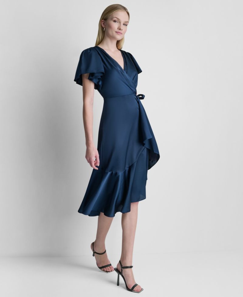 Women's Side Tie Faux Wrap Midi Dress