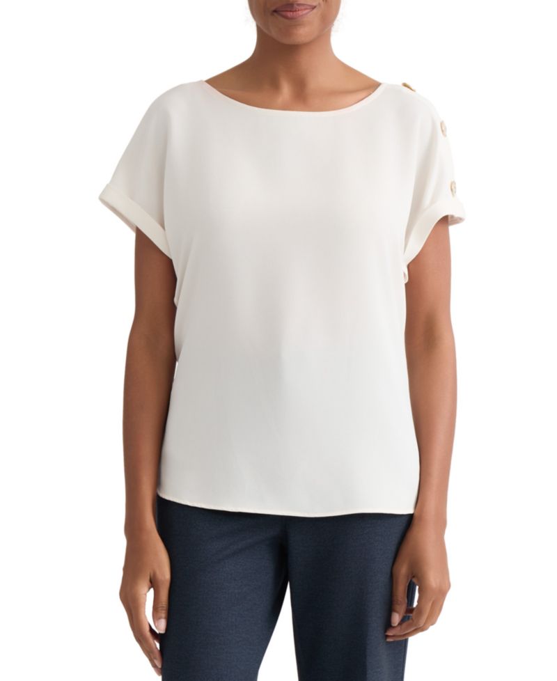 Petite Shoulder-Button-Detail Boat-Neck Short-Sleeve Blouse