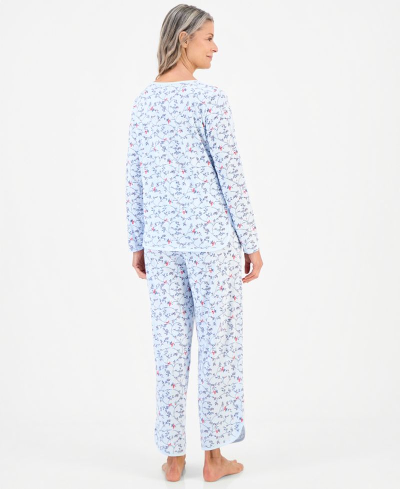 Women's 100% Pima Cotton Long-Sleeve Scoop Neck Pajama Top and Pants Set