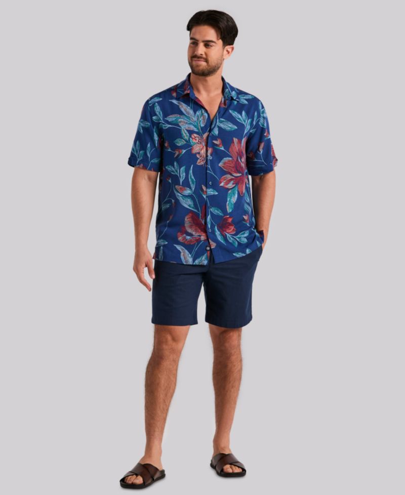 Men's Short-Sleeve Pointilism Floral Print Shirt