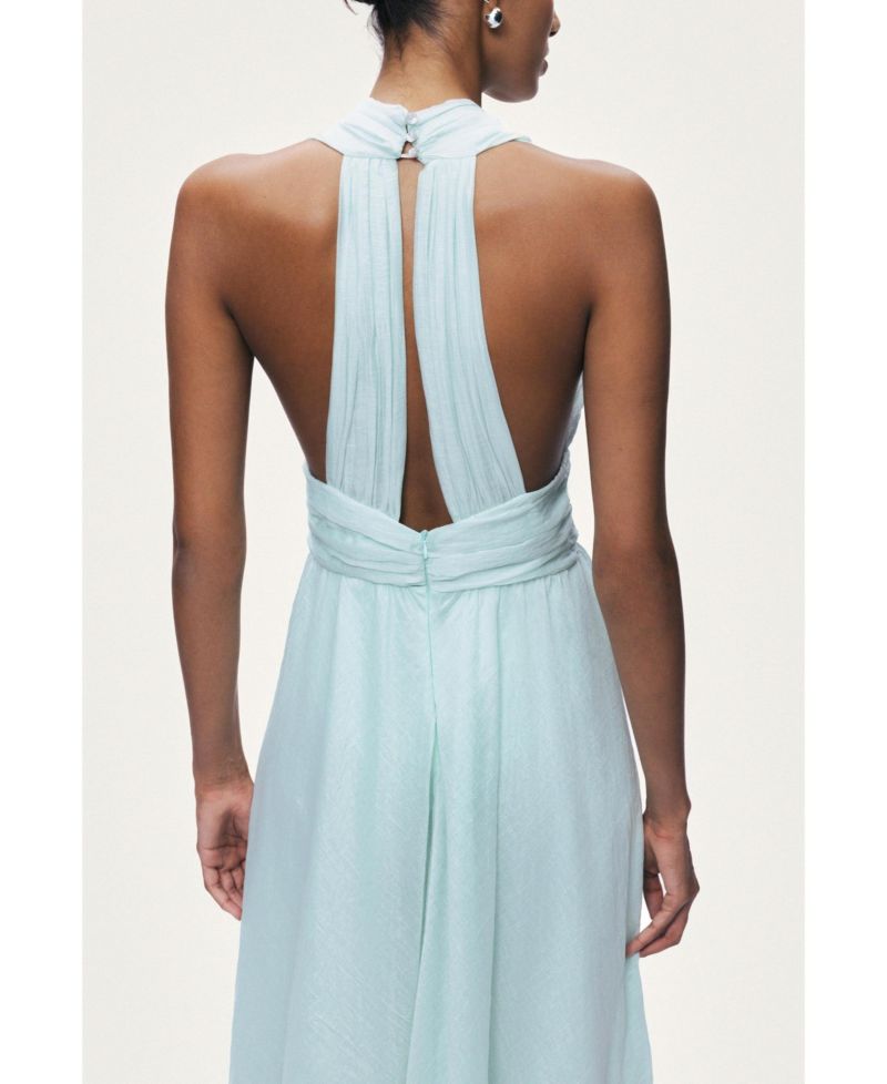 Women's Pleated Halterneck Maxi Dress with Brooch Detail