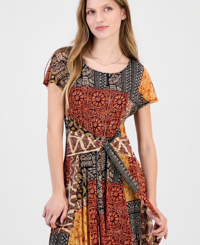 Women's Printed Extended-Sleeve Tie-Waist Dress