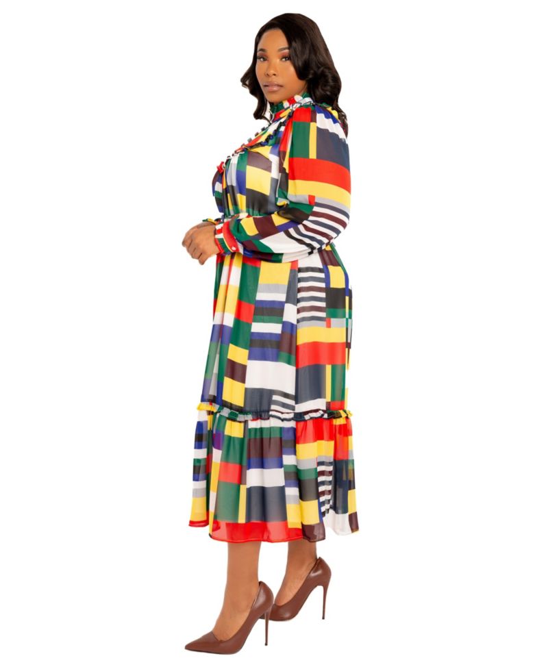Plus Size Plaid Ruffle Collar Shirt Dress