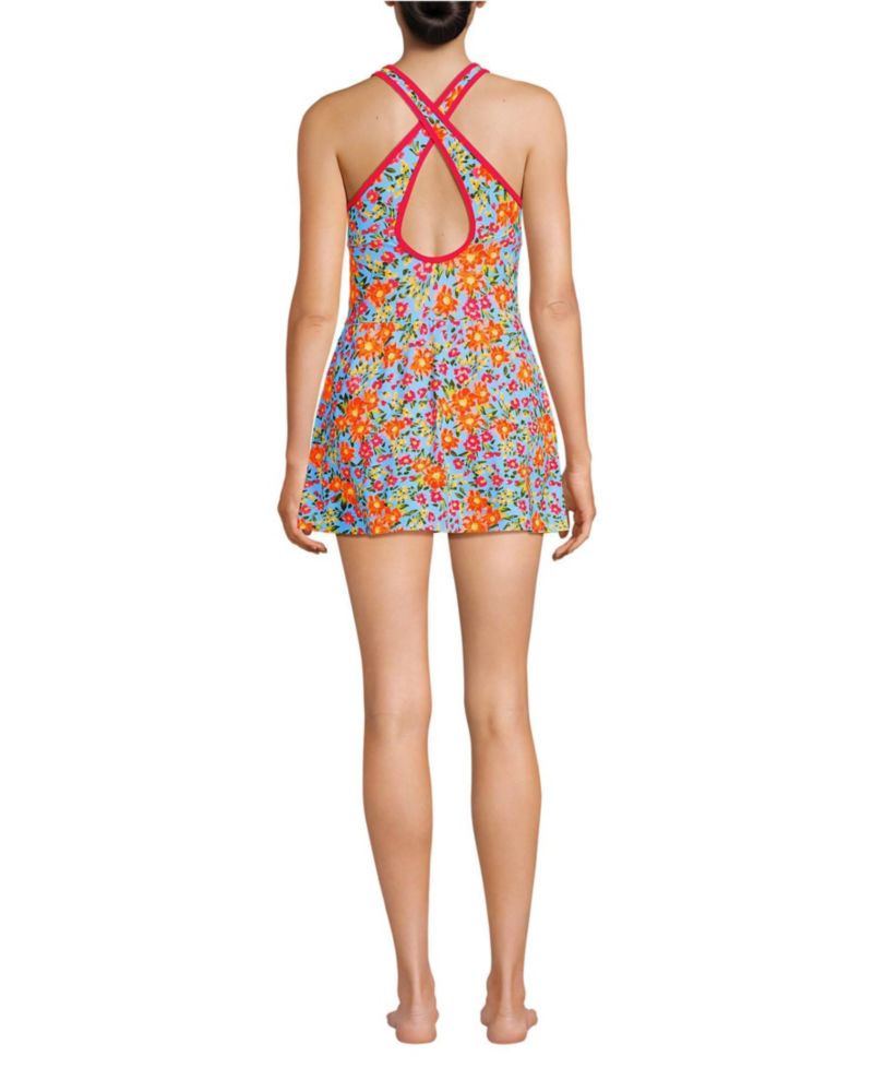 Women's Chlorine Resistant Tugless High Neck Swim Dress One Piece Swimsuit
