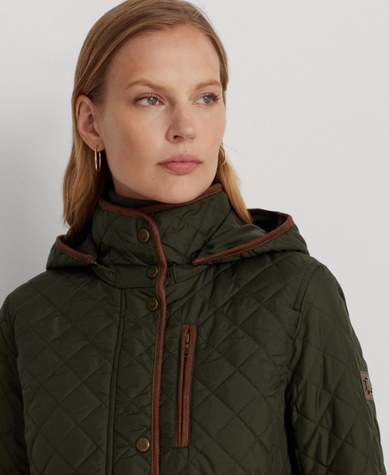 Petite Hooded Quilted Faux-Suede-Trim Coat