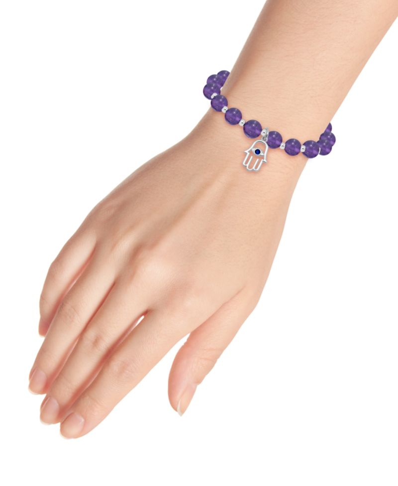 Silver-Plated Beaded Hamsa Hand Charm Stretch Bracelet