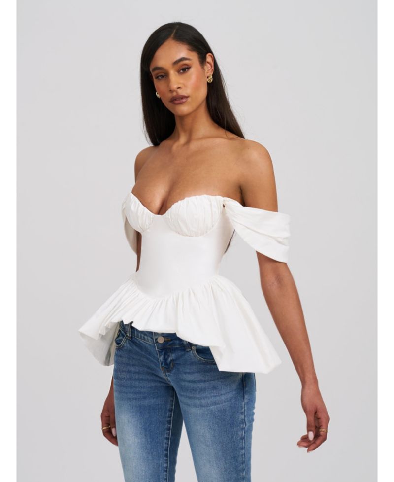 Women Qistina White Off-shoulder Bubble Hem Peplum Cotton Top