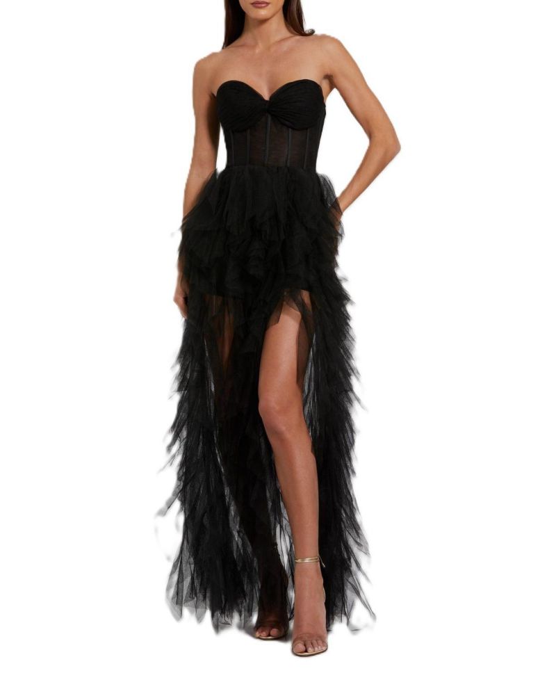 Women's Strapless Bustier Net Gown With Spiral Ruffles