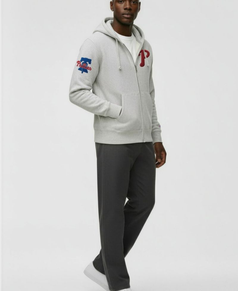 Men's Gray Philadelphia Phillies Reverse Weave Chenille Full-Zip Hoodie
