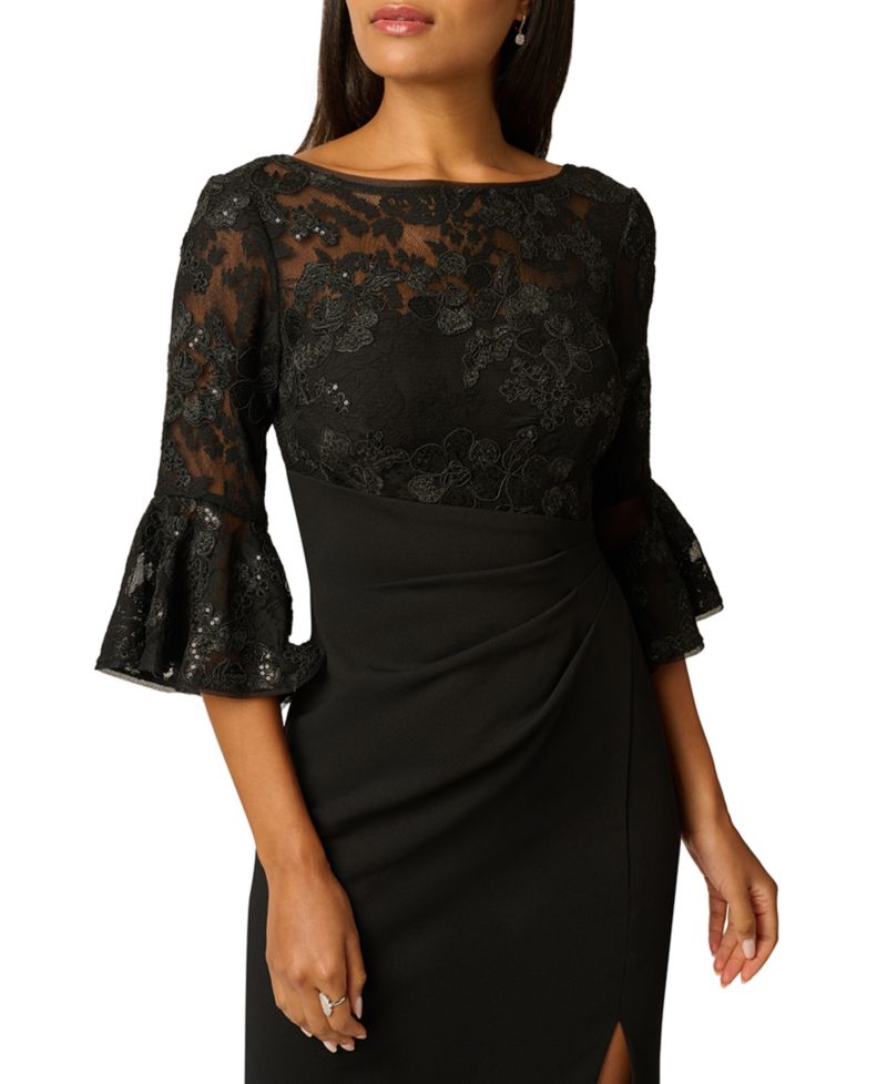 Petite Wedding Guest Sequin-Embellished Floral-Lace Tiered Bell Sleeve Dress