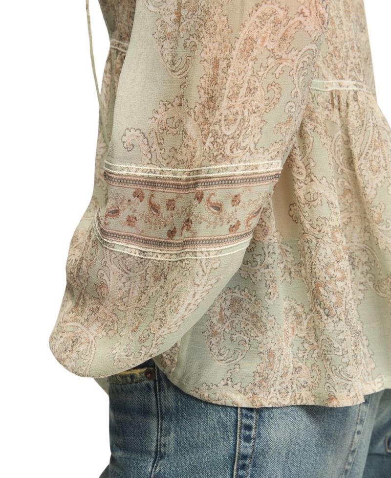 Women's Paisley Print Mix Long-Sleeve Peasant Top