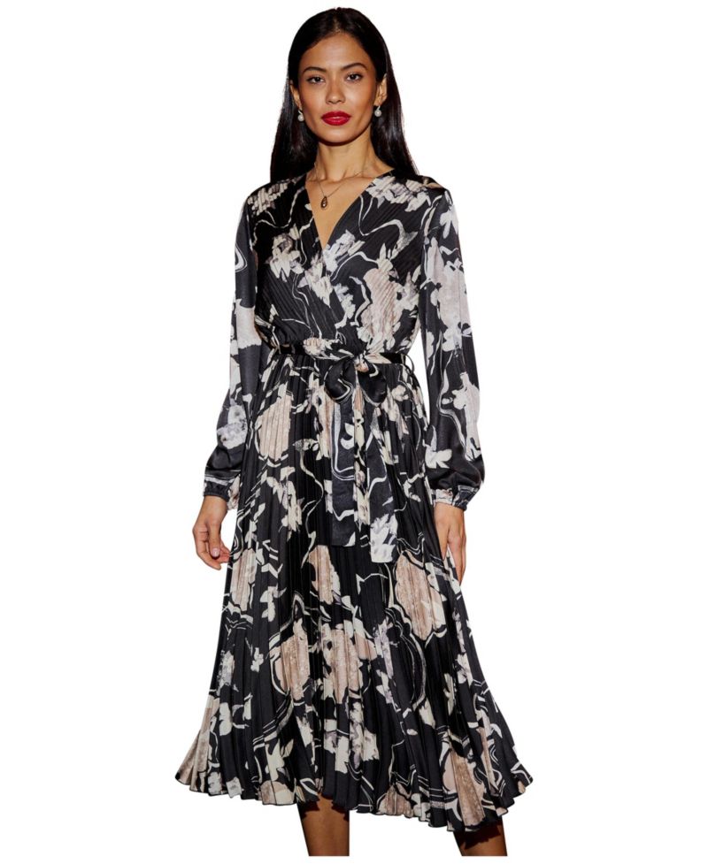 Women's Floral Satin Long Sleeve Midi Dress