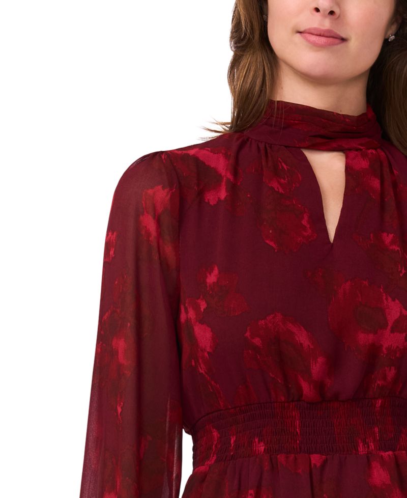 Petite Long-Sleeve Floral-Print Keyhole Dress