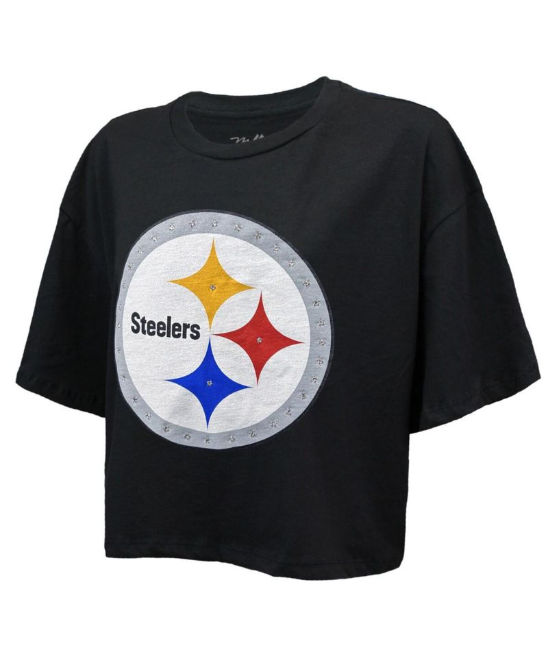 Women's T.J. Watt Black Pittsburgh Steelers Swarovski Crystals Boxy Cropped Name & Number T-Shirt