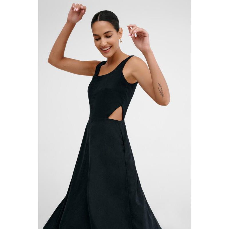 Women's Caroline Linen-Cotton Waist-Cutout A-Line Below-Knee Dress with Pockets