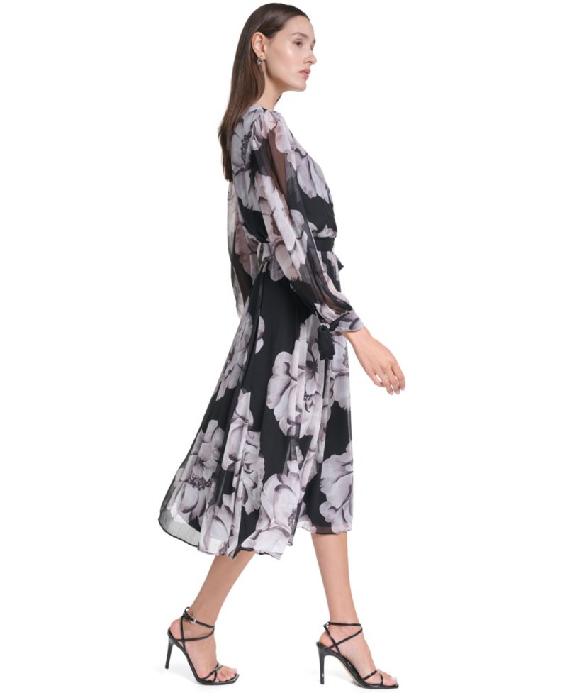 Women's Floral-Print V-Neck Bishop-Sleeve Midi Dress