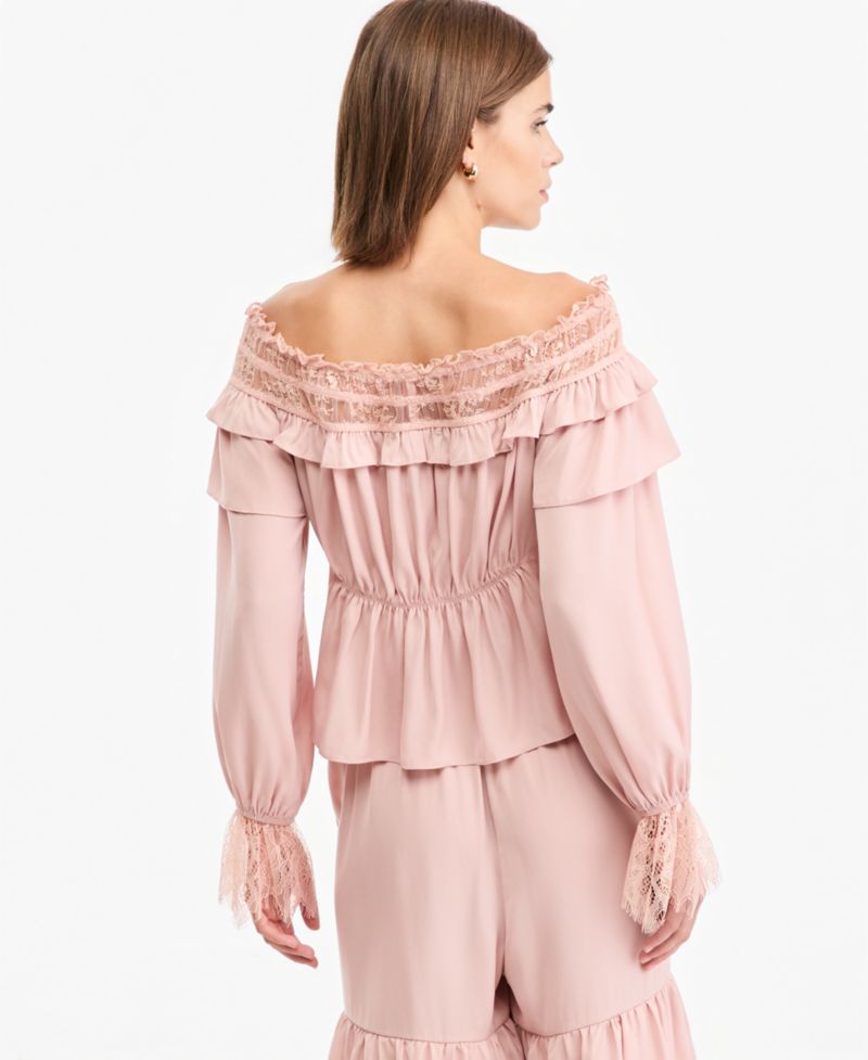 Petite Off-the-Shoulder Long Bell-Sleeve Ruffled-Trim Blouse