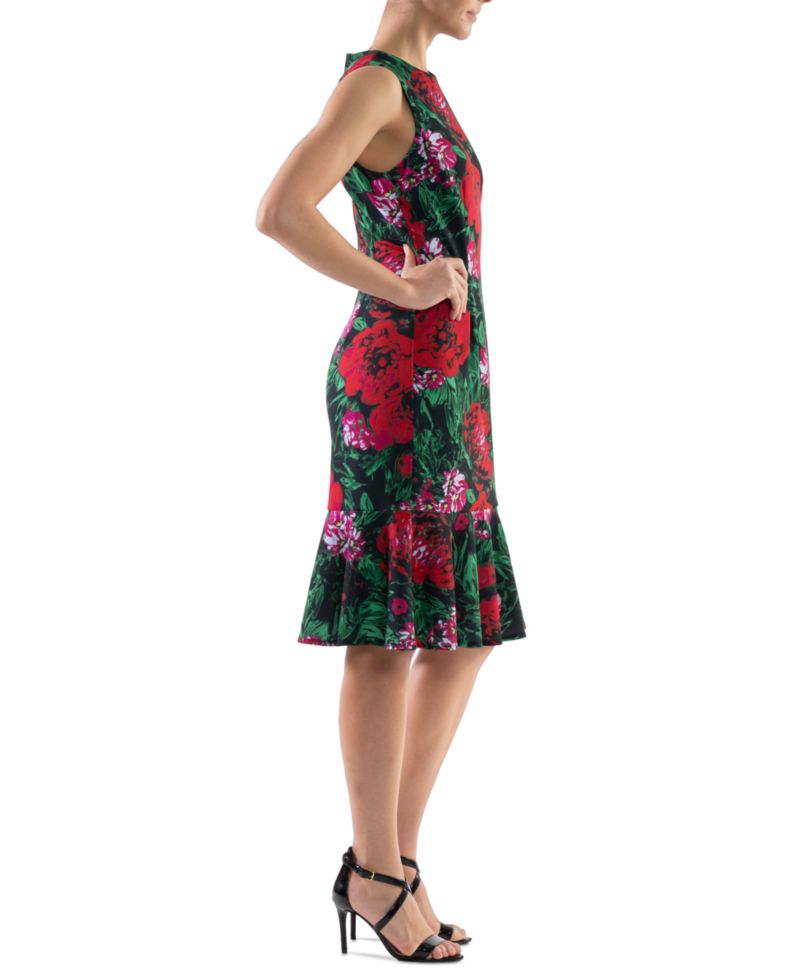 Women's Floral-Print Flounce-Hem Sheath Dress